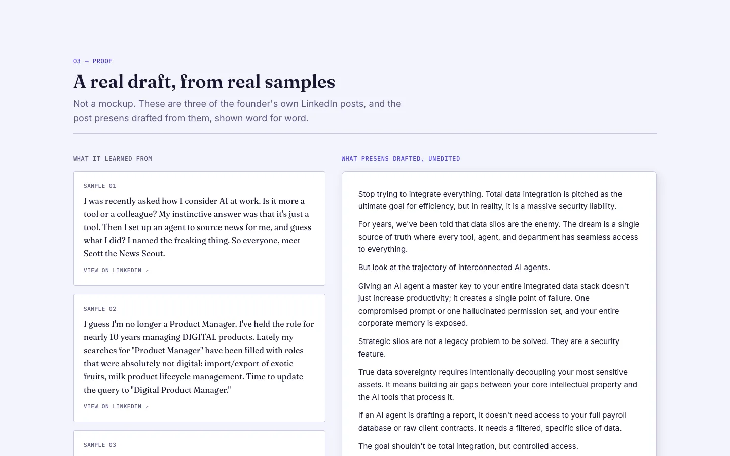 Three writing samples side by side with the unedited draft presens produced from them
