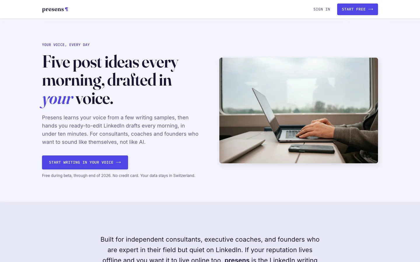 The presens home page, offering five post ideas every morning drafted in your own voice