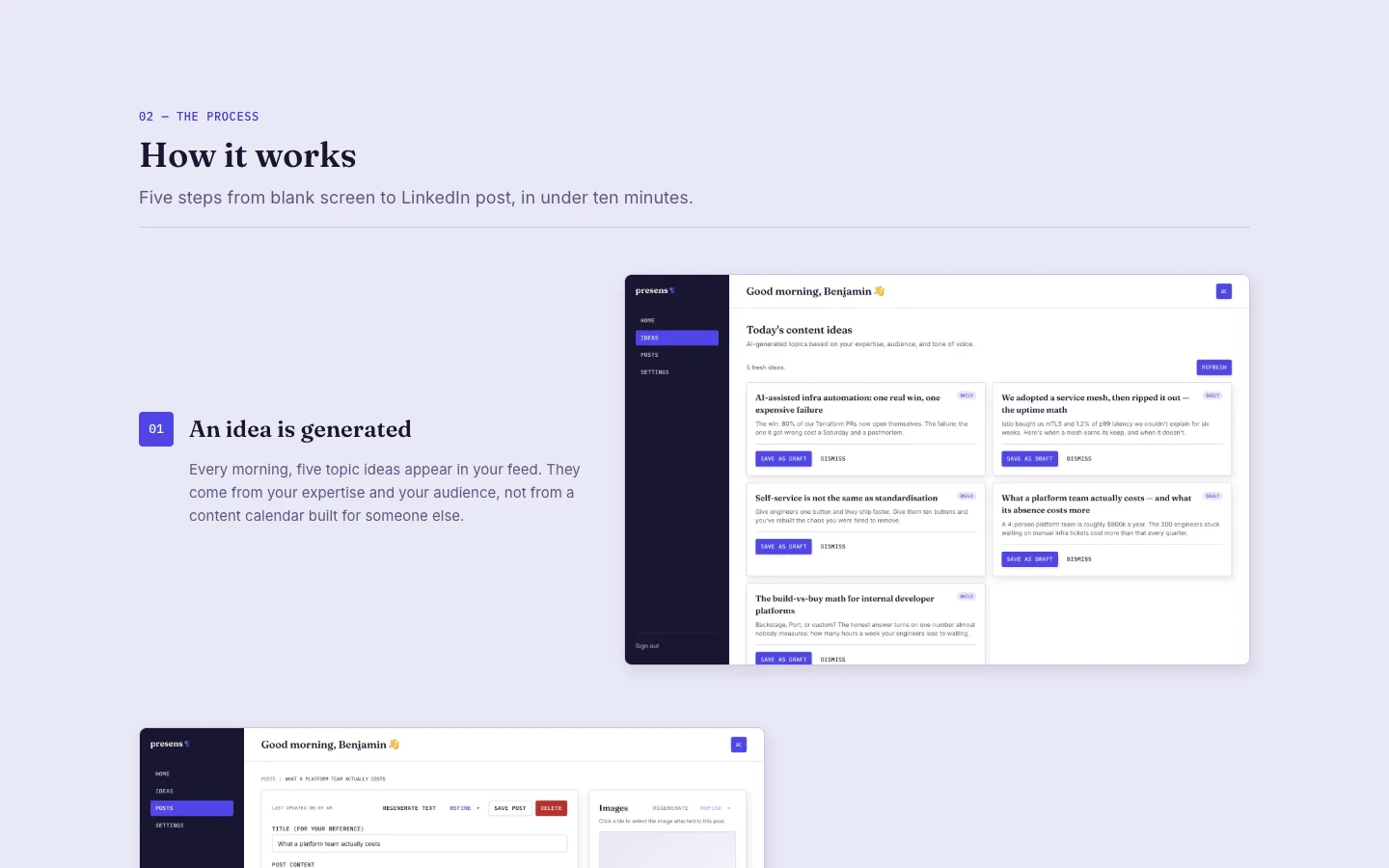 The presens product showing a morning list of generated post ideas ready to save as drafts