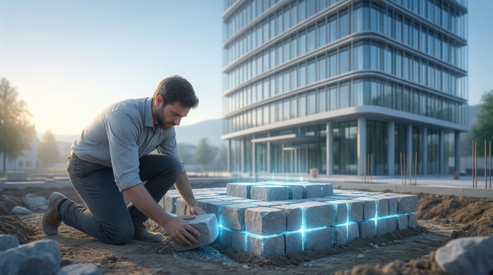 Homme posant les pierres lumineuses des fondations au pied d'un immeuble de bureaux moderne, image des bases à poser dès maintenant avant d'utiliser l'IA