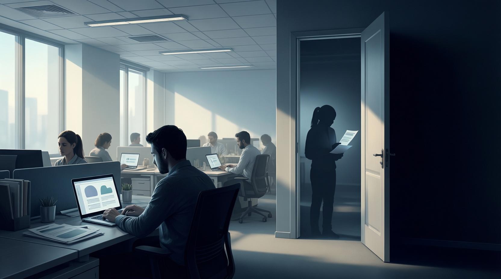 Open space où chacun travaille sur son ordinateur, tandis qu'une employée consulte un document en cachette dans l'ombre d'une porte : le shadow AI en entreprise