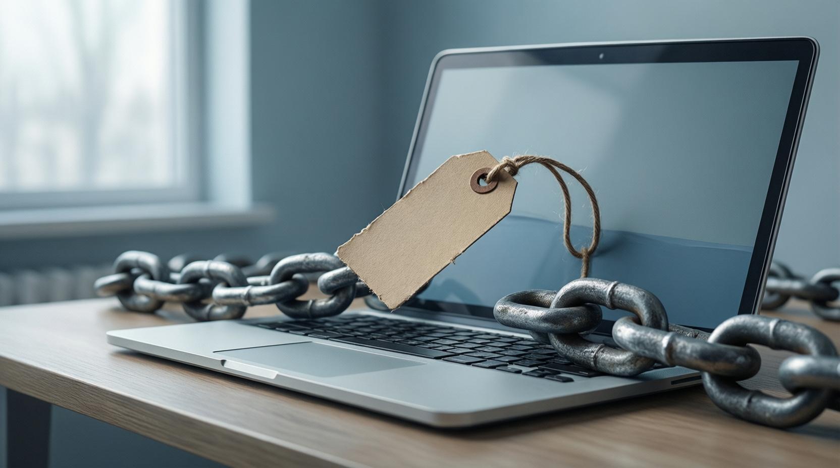  Ordinateur portable entouré d'une lourde chaîne avec une étiquette de prix vierge, symbole du vrai coût caché de l'IA et de la dépendance à un fournisseur