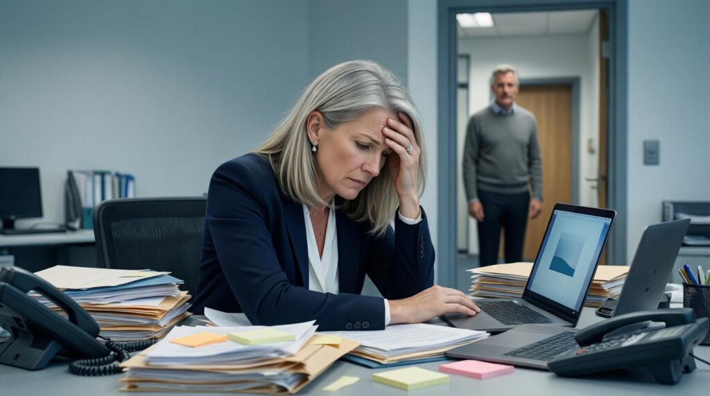 An SME owner swamped by files and the phone, while a client waits alone in the corridor.