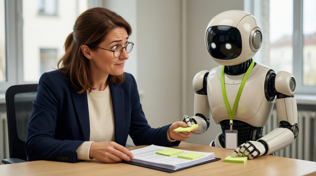 A business owner looks, puzzled, at her robot intern's first document: almost right, with lime-green notes on what to fix.