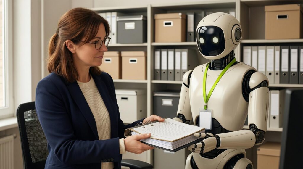 A business owner hands her robot intern a thick binder, its onboarding guide, in front of neatly organised shelves.