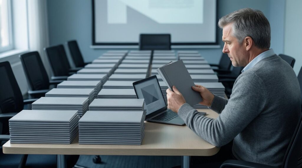 A client leafs, unconvinced, through a sales deck identical to dozens of others stacked on the table.