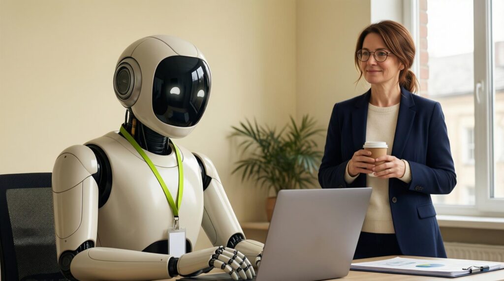 The robot intern works alone on its laptop while the owner watches from a distance, coffee in hand, at ease.