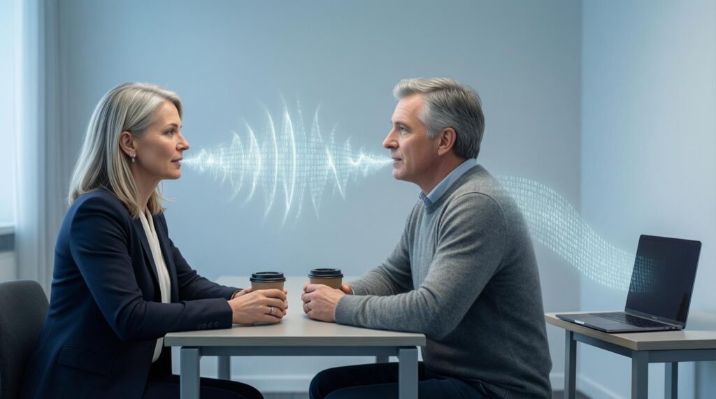 An owner and her client talk; their voices become data that flows on its own to a computer off to the side.