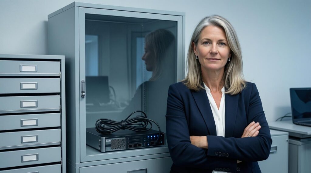 An SME owner next to her company's small server and tidy drawers: her data, in her own hands.