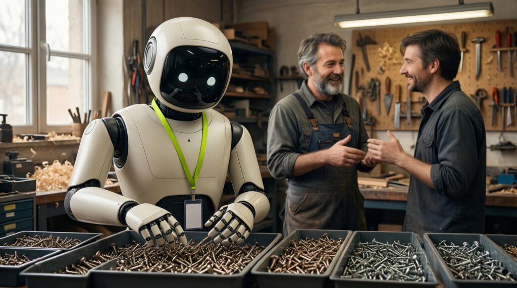In a workshop, a robot sorts hundreds of screws while the craftsman talks and laughs with his client.