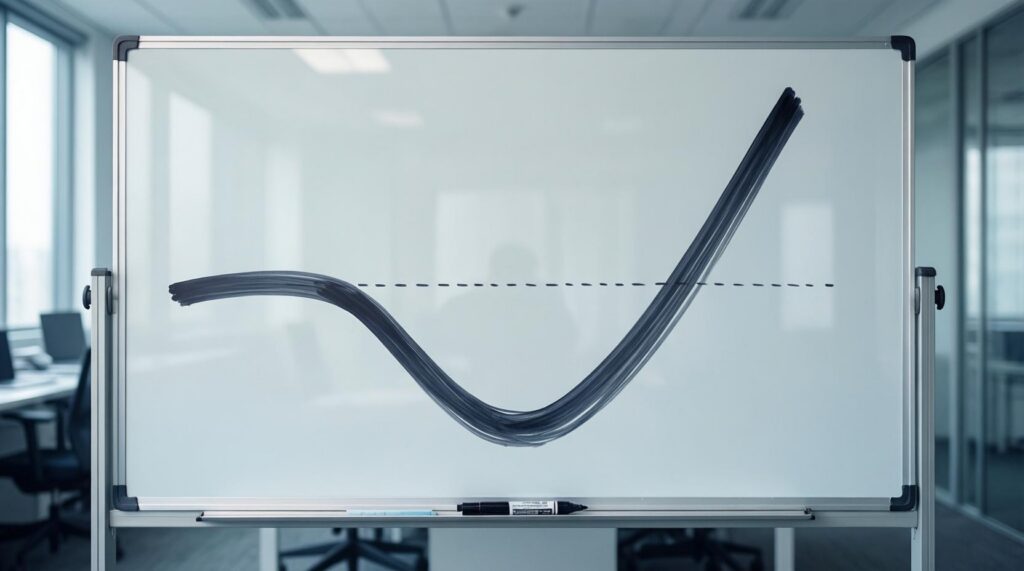 A curve on a whiteboard: productivity dips during setup, then climbs well above where it started.