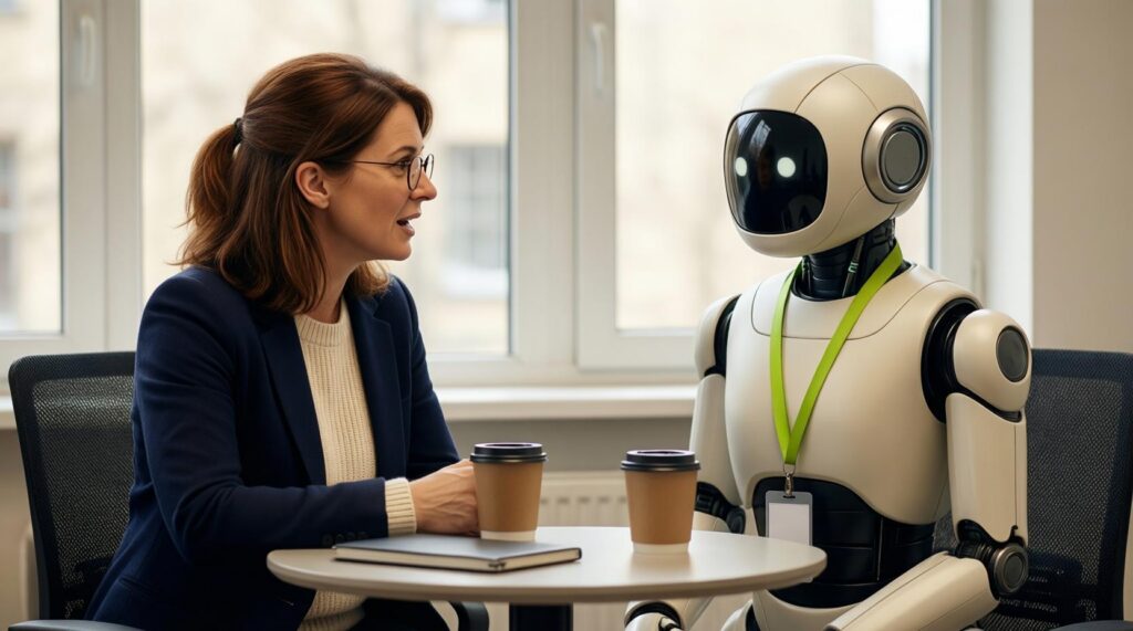 A business owner and her robot intern sit over coffee in a calm one-to-one, like a manager coaching her team.